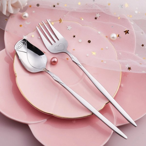 Valentine's Day Creative Silver Heart Rose Spoon And Fork Set For Home, Restaurant, Hotel, Multi-purpose For Desserts, Ice Cream, Fruit, Cake, 2pcs