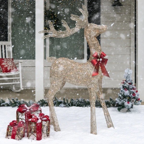 5ft 3D Pre-Lit Gold Glitter Christmas Reindeer Yard Decoration w/ 150 Lights
