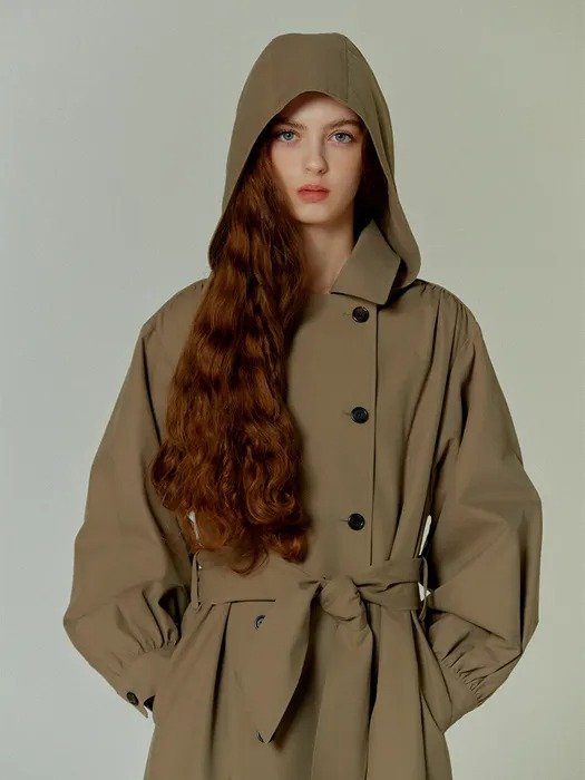 Shirring-sleeve Hooded Trench Coat
