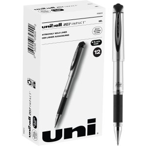 Uniball Signo 207 Impact Stick Gel Pen, 12 Black Pens, 1.0mm Bold Point Gel Pens