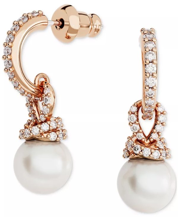 Rose Gold-Tone Pave & Imitation Pearl Charm Hoop Earrings