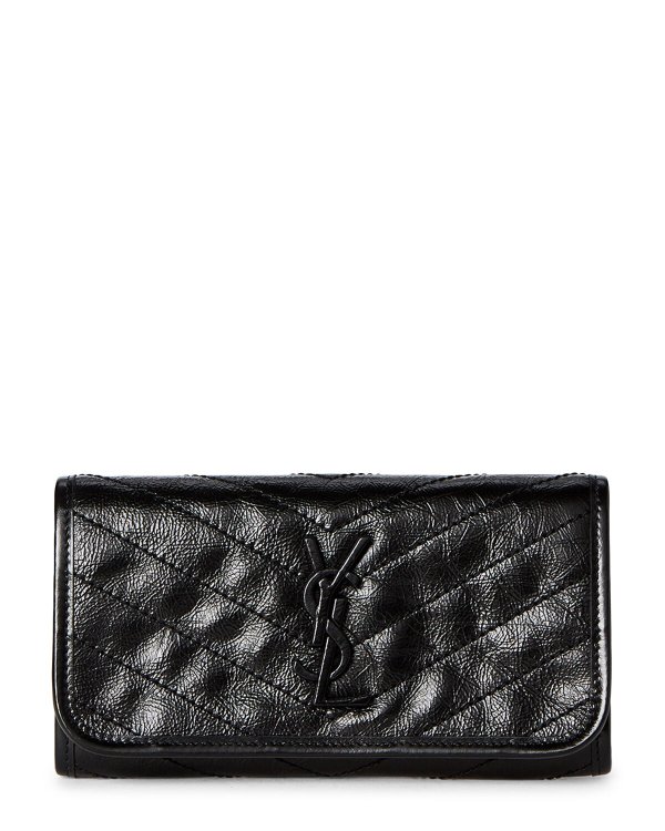 Black Niki Croc Leather Flap Wallet