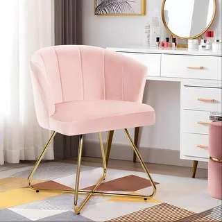 Velvet Upholstered Accent Chair Vanity Stool, Dining Chair with Metal Legs - Single - Pink