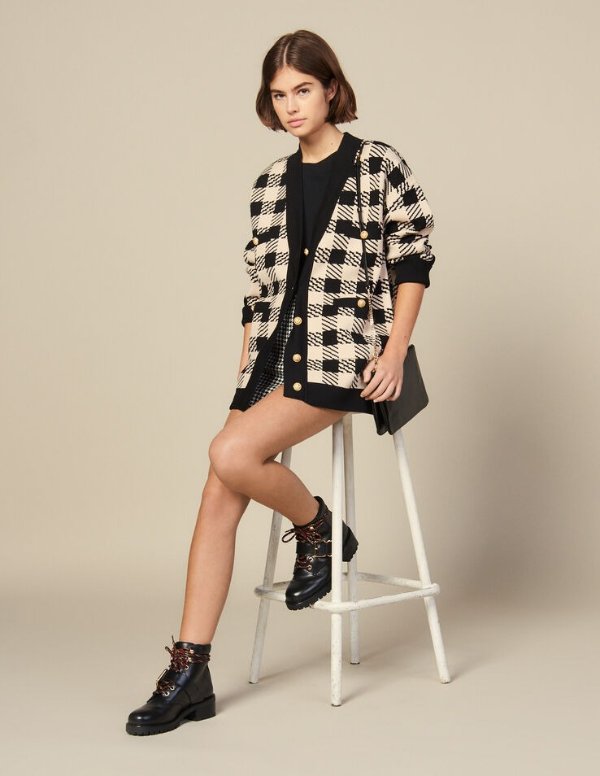 Loose-Fitting Checked Cardigan