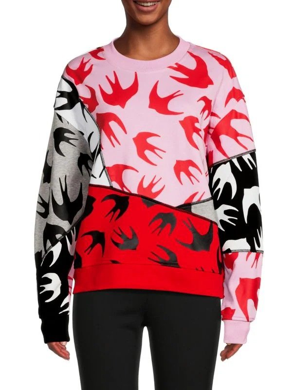 Cut Up Code Bird Print Colorblock Sweatshirt