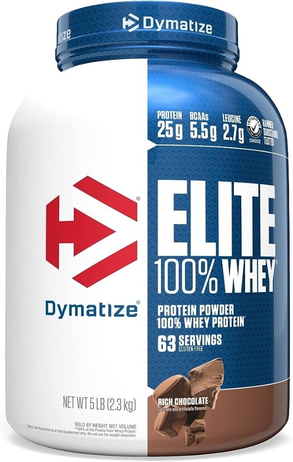 Elite 100% Whey Protein Powder, 25g Protein, 5.5g BCAAs & 2.7 L-Leucine, Quick Absorbing & Fast Digesting for Optimal Muscle Recovery, Rich Chocolate, 5 Pound, 63 Servings