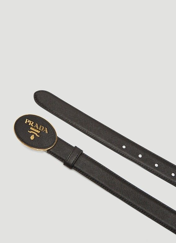 Logo Plaque Saffiano Leather Belt in Black