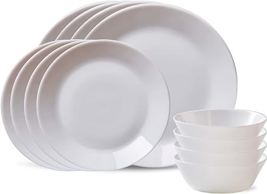 MilkGlass 12-Piece Dinnerware Set, Service for 4, Lightweight & Chip Resistant Dinner Dessert Plate & Soup/Cereal Bowl, White