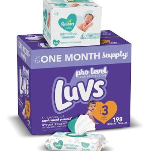 Luvs Ultra Leakguards Disposable Baby Diapers, ONE Month Supply with Pampers Sensitive Water Based Baby Diaper Wipes