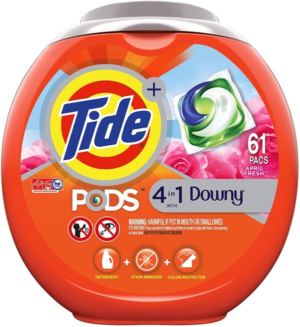 PODS Plus Downy 4 in 1 HE Turbo Laundry Detergent Pacs, April Fresh Scent, 61 Count Tub