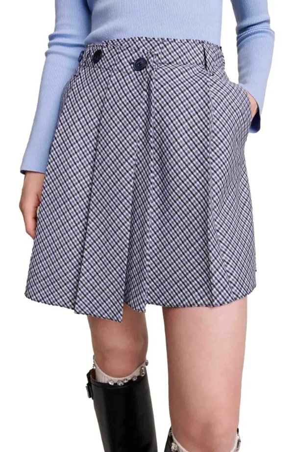 Jeedoma Pleated Asymmetric Check Skirt