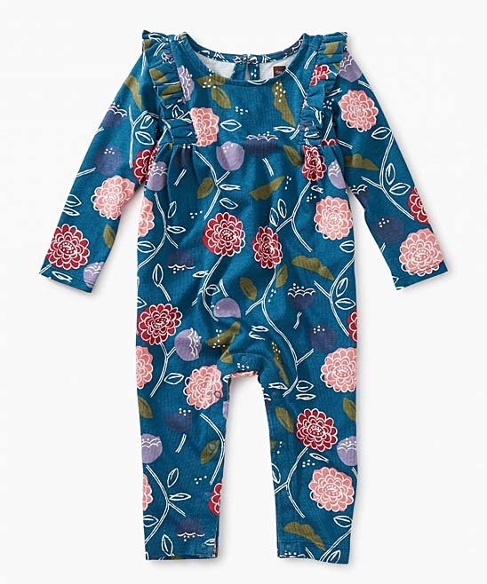 Blue Folksy Floral Ruffle-Shoulder Romper - Newborn & Infant