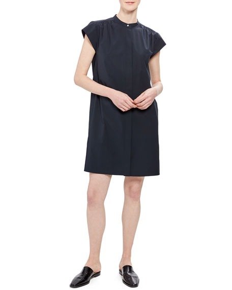 Short-Sleeve Shirred Yoke Core Shirting Dress