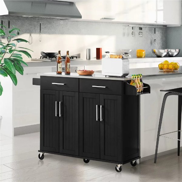 Large Kitchen Island Cart with Stainless steel tabletop, Black