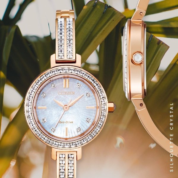 Eco-Drive Women's Pink Gold-Tone Stainless Steel & Swarovski Crystal Bangle Bracelet Watch 25mm