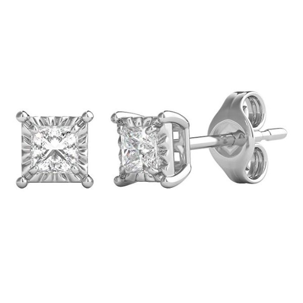 s Sterling Silver 1/4 cttw Square Princess-Cut Diamond (I-J Color, I3 Clarity) Illusion Stud Earrings