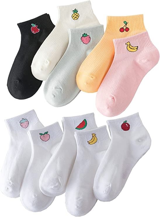 Fruit Embroidered Ankle Socks Funny Low Cut Socks for Women, Lady, Girls, 10 Pack
