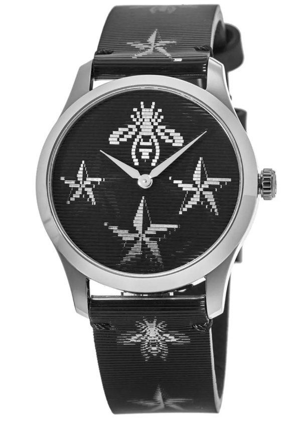G-Timeless Bee and Star Motif Black Dial Leather Strap Women's Watch YA1264105