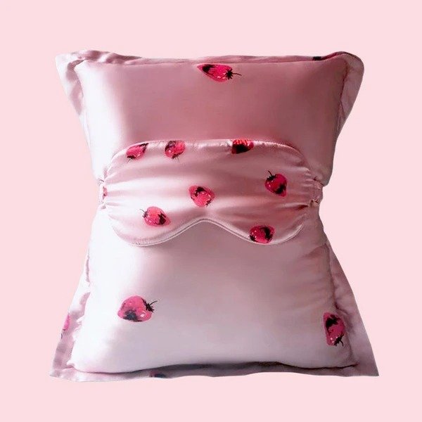 19mm Strawberry Silk Throw Pillow w Eye Mask Set | 2 Colors