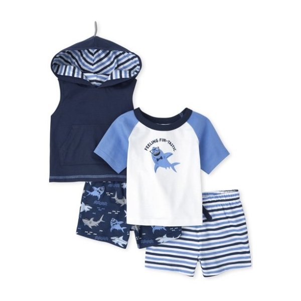 Baby Boy & Toddler Boy Short Sleeve Knit Top and Sleeveless Hoodie With Shorts - 4 Piece Set, Sizes Newborn-24 Months