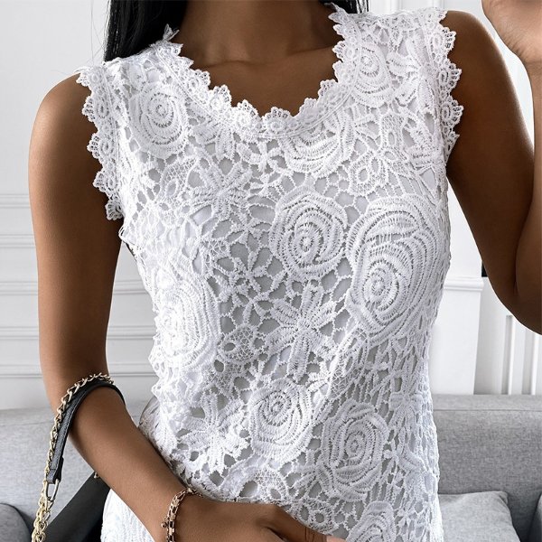 6.29US $ 63% OFF|Vintage Lace Jacquard T-shirt Women Summer Sleeveless Solid Color Vest Top Ladies Casual O-neck Camisole Tank Shirts Plus Size - T-shirts - AliExpress