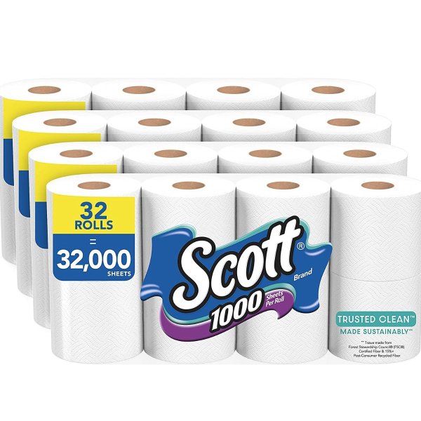 Trusted Clean Toilet Paper, 32 Rolls (4 Packs of 8), 1,000 Sheets Per Roll