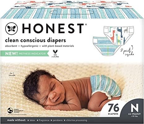 HONEST Company, Club Box Clean Conscious Diapers, Teal Tribal + Multi-Color Giraffes, Size Newborn, 76 Count (Packaging + Print May Vary), 0