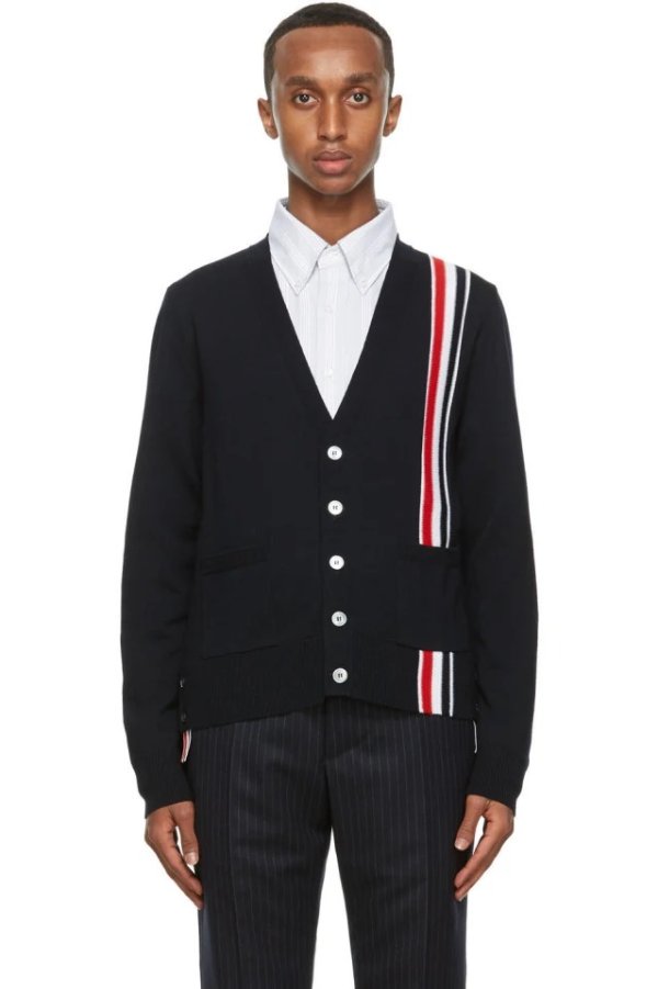 Navy Wool Tricolor Stripe Cardigan