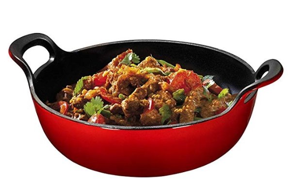 Enameled Cast Iron Balti Dish With Wide Loop Handles, 5 Quart, Fire Red