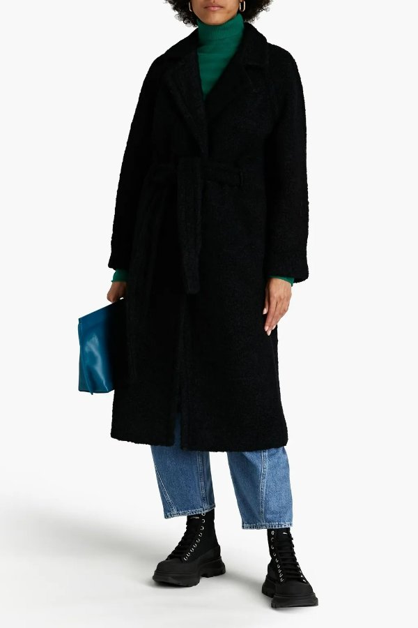 Double-breasted belted wool-blend boucle coat