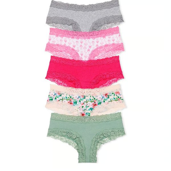 5-Pack Lace-Waist Cotton Cheeky Panty