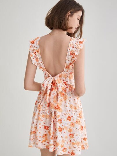 Frenchy Allover Floral Print Ruffle Trim Tie Backless Dress