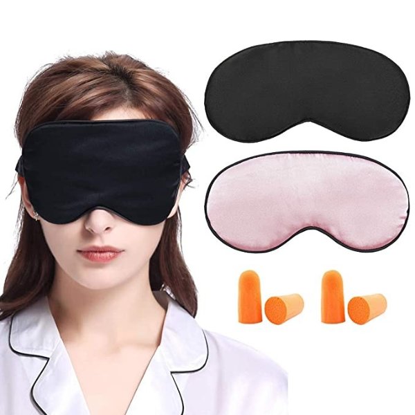LilySilk 100% Silk Sleep Mask-Blindfold with Elastic Strap 2 Pack with Ear Plugs, Soft and Comfortable Night Eye Mask for Men Women, Eye Blinder for Travel/Sleeping/Shift Work, Black+ Pink
