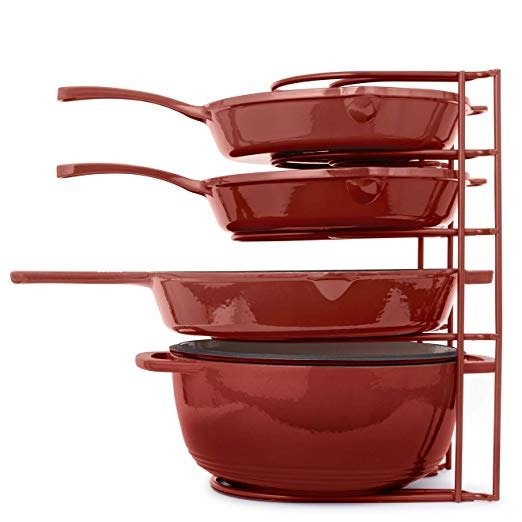 Heavy Duty Pan Organizer, Extra Large 5 Tier Rack - Holds Cast Iron Skillets, Dutch Oven, Griddles - Durable Steel Construction - Space Saving Kitchen Storage - No Assembly Required - Red 15.4-inch