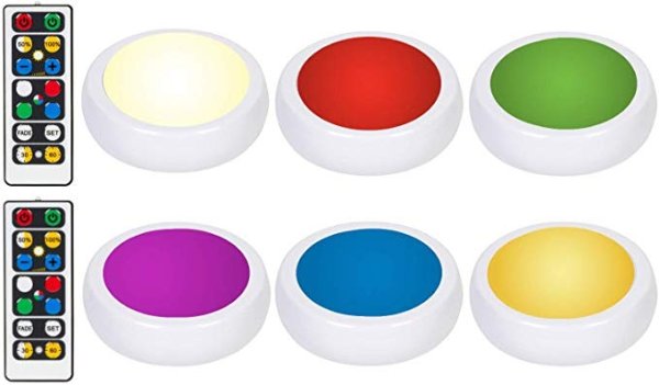 Wireless Color Changing LED Puck Light 6 Pack With 2 Remote Controls | LED Under Cabinet Lighting | Closet Light | Battery Powered Lights | Under Counter Lighting | Stick On Lights