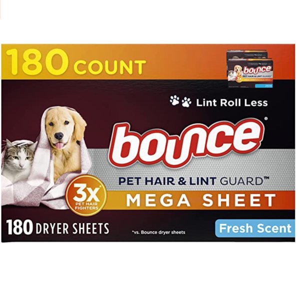 Pet Hair and Lint Guard Mega Fabric Softener Dryer Sheets with 3X Pet Hair Fighters, Fresh Scent, 180 Count