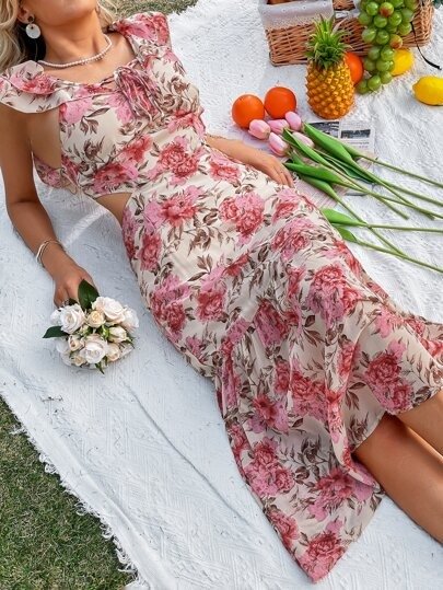 Floral Shirred Backless Ruffle Hem Dress