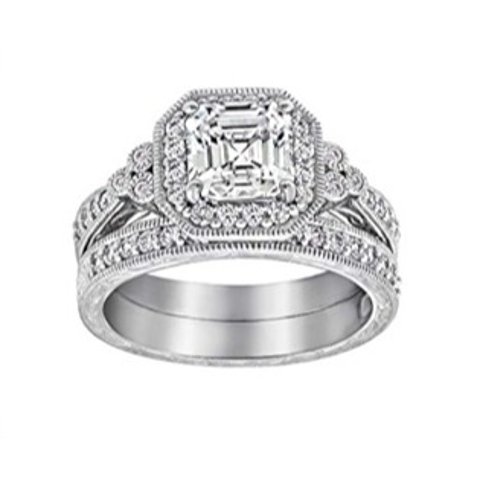 Amazon Essentials Platinum or Gold Plated Sterling Silver Antique Ring set with Asscher-Cut Infinite Elements Cubic Zirconia