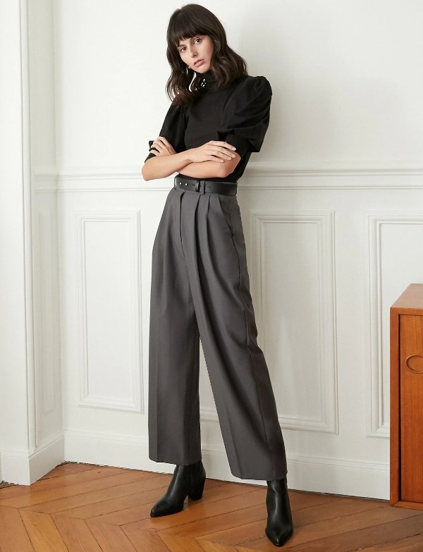 Grey Belted Pleated Pants