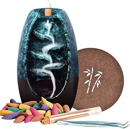 Backflow Incense Burner, Ceramic Waterfall Smoke Incense Holder with 120 Upgraded Incense Cones+30 Incense Sticks+1 Tweezer+1 Mat, for Aromatherapy Meditation Home Decorations, Blue