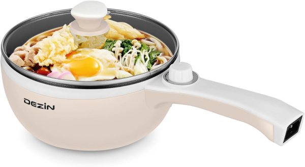 Dezin Electric Cooker Upgraded, Non-Stick Saute Pan, 1.5L Mini Electric Fondue Pot for Cheese, Stir Fry, Roast, Steam with Power Adjustment, Perfect for Ramen, Steak (Egg Rack Included)
