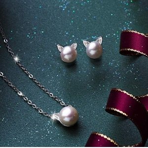 折扣升级：S.Leaf 超萌小猫造型纯银淡水珍珠耳钉项链