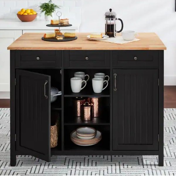 Bainport Black Wooden Kitchen Island with Natural Butcher Block Top and Storage (48" W)