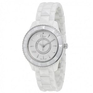 Dior VIII Diamond Silvered Dial White Ceramic Ladies Watch CD1221E2C001