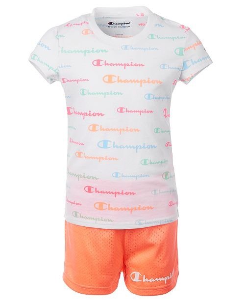 Little Girls 2-Pc. Allover Logo Script T-Shirt & Mesh Shorts Set