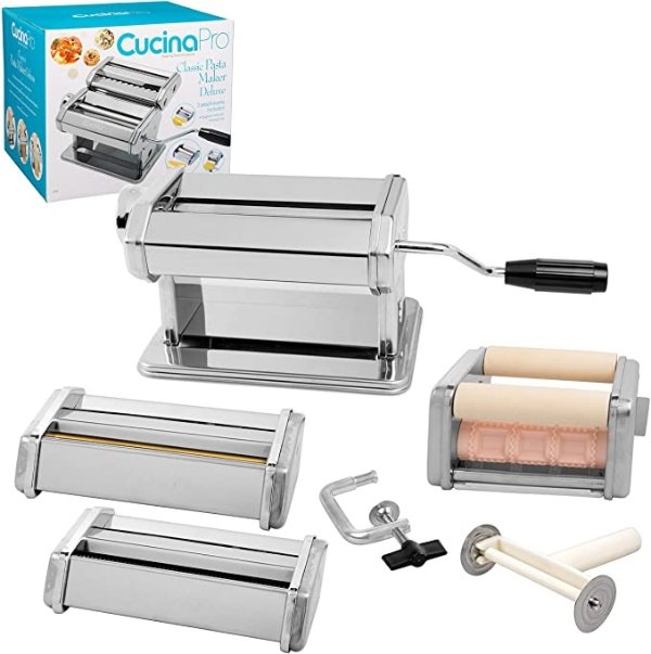 Pasta Maker Deluxe Set 5 Piece Steel Machine with Spaghetti Fettuccini Roller, Angel Hair, Ravioli Noodle, Lasagnette Cutter Attachments, Includes Hand Crank, Counter Top Clamp & Cleaning Brush