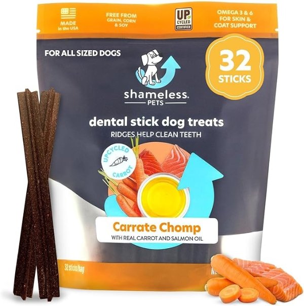 Shameless Pets Dental Treats for Dogs, Carrate Chomp (32 Sticks) - Dental Sticks with Skin & Coat Support for Teeth Cleaning & Fresh Breath - Dog Bones Dental Chews Free from Grain, Corn & Soy