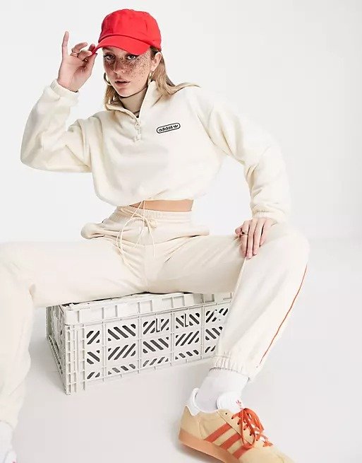 'Retro Luxury' 1/4 zip cropped fleece with back print in off white