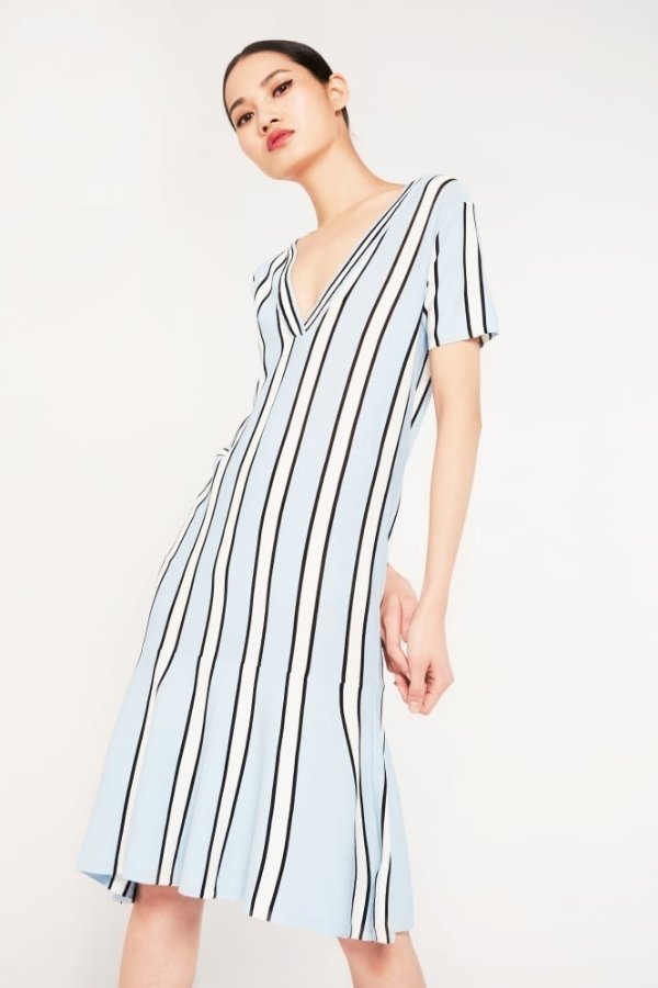 Elli White Striped Drop Hem Midi Dress