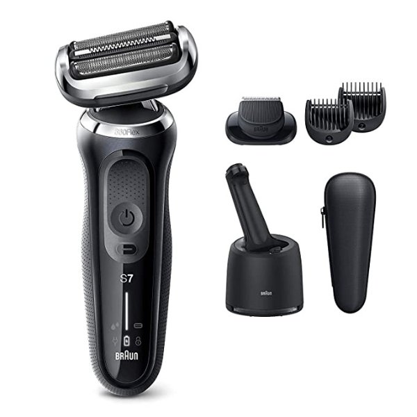 Electric Razor for Men, Waterproof Foil Shaver, Series 7 7075cc, Wet & Dry Shave, With Beard Trimmer, Rechargeable, Clean & Charge SmartCare Center and Leather Travel Case Included, Black